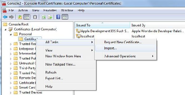 Import certificate in MMC